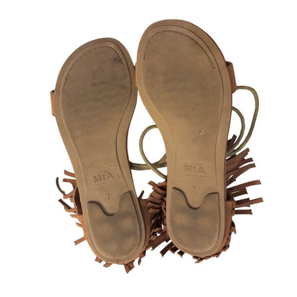 Mia Brown Fringe Gladiator Sandals 7M Tassel Details Gold Accents Open Toe - Picture 3 of 5